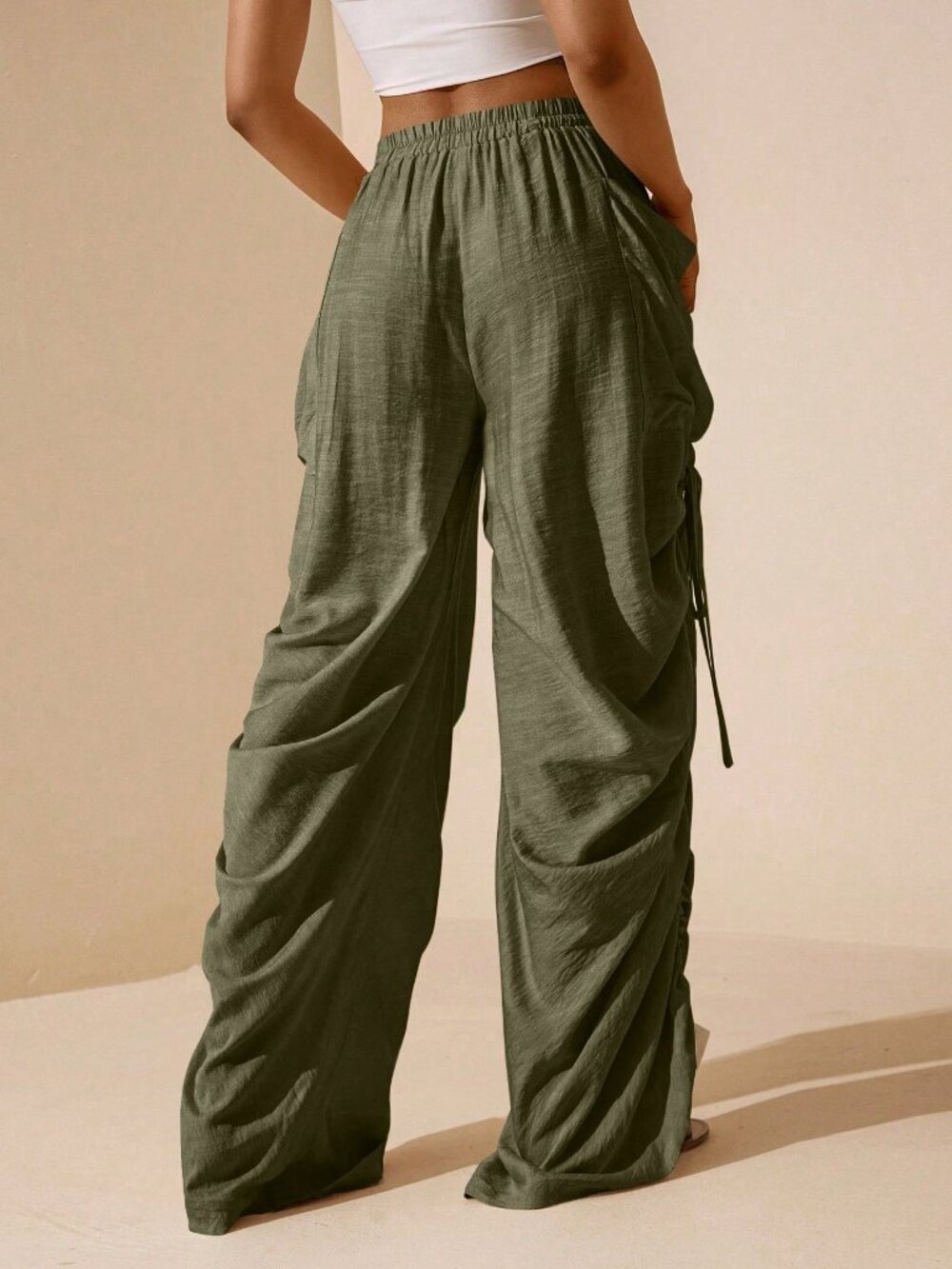 Olive Green Casual Women's Side Ruched Drawstring Pocket Pants - Picture 2 of 7